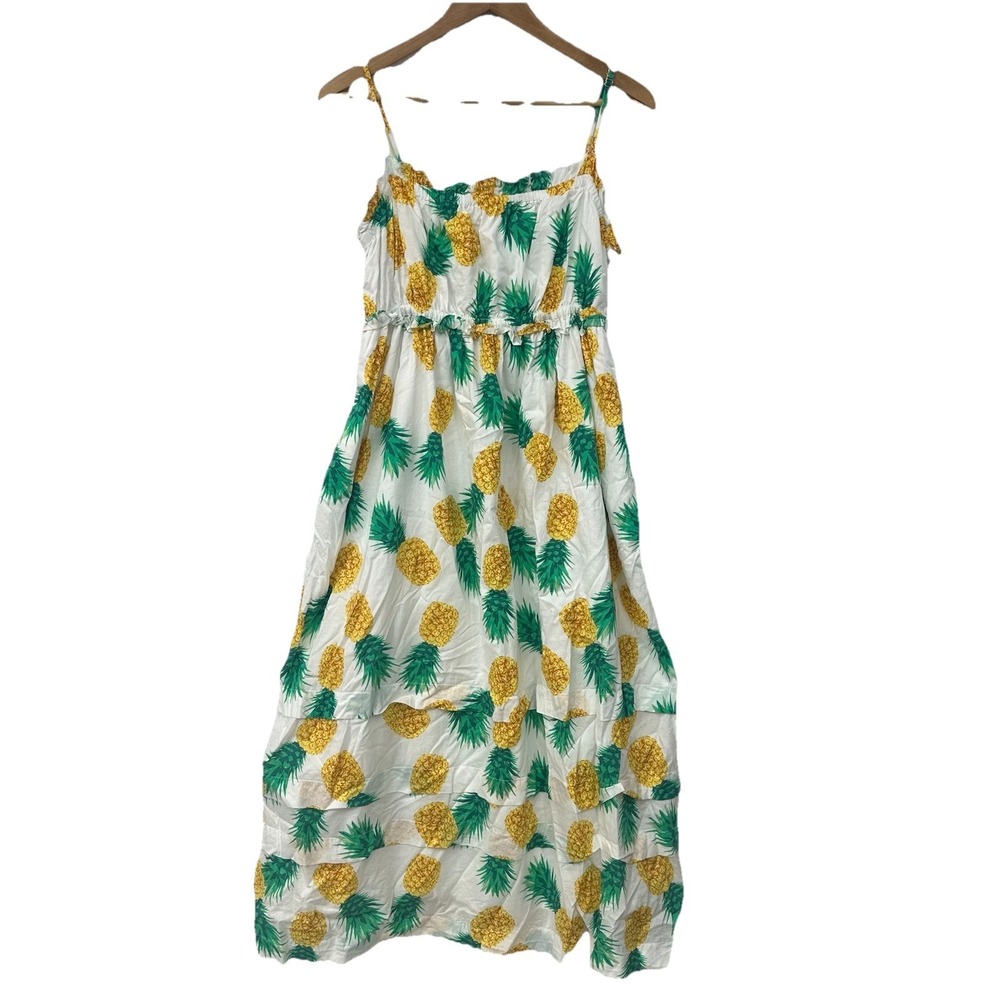 J.Crew Women's‎ 12 Pineapple Squareneck Ruffle Maxi dress White Summer Green